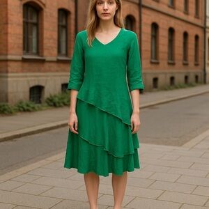 CLICK Color Me Cotton Dress Tiered Women Small Ruffle Emerald Green 3/4 Sleeve